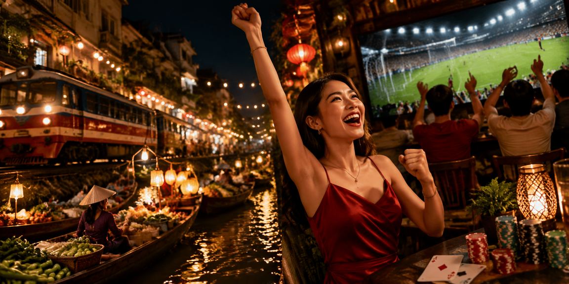Ánh đèn neon casino Hà Nội về đêm phản chiếu không khí giải trí sôi động trên điện thoại